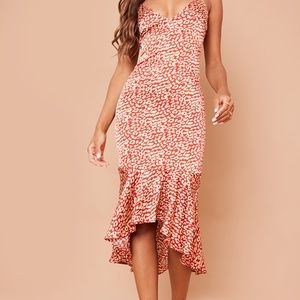 Pretty Little Things red leopard frill hem midi dress Sz 4